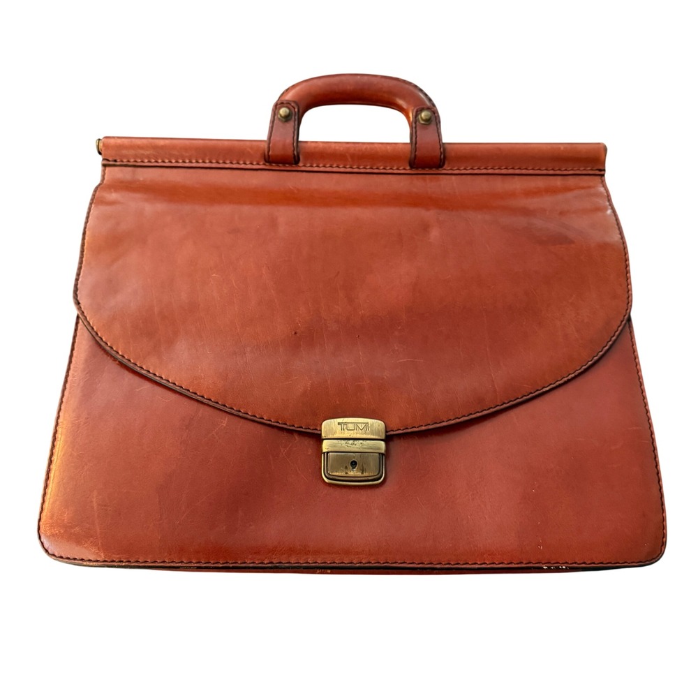 Vintage Tumi Dowel-Style Flap Briefcase Chestnut Brown Italian Leather Brass